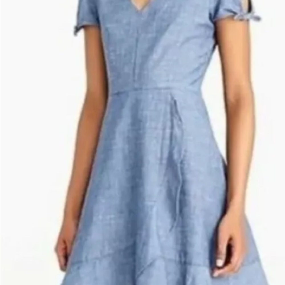 J. Crew Women’s Dress Faux-Wrap Blue Midi Demin A-Line V Neck Tie Sleeve Size 8
